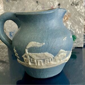 Rare Pisgah Forest Cameo Pitcher -
Blue & White Cabin Landscape “Stephen” SOLD